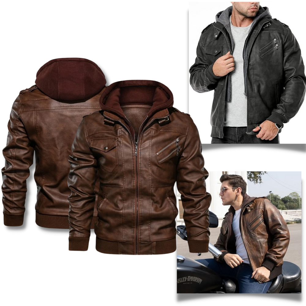 Brown leather motorcycle jacket Leather bomber jacket Men s leather jacket with hood Leather hoodie