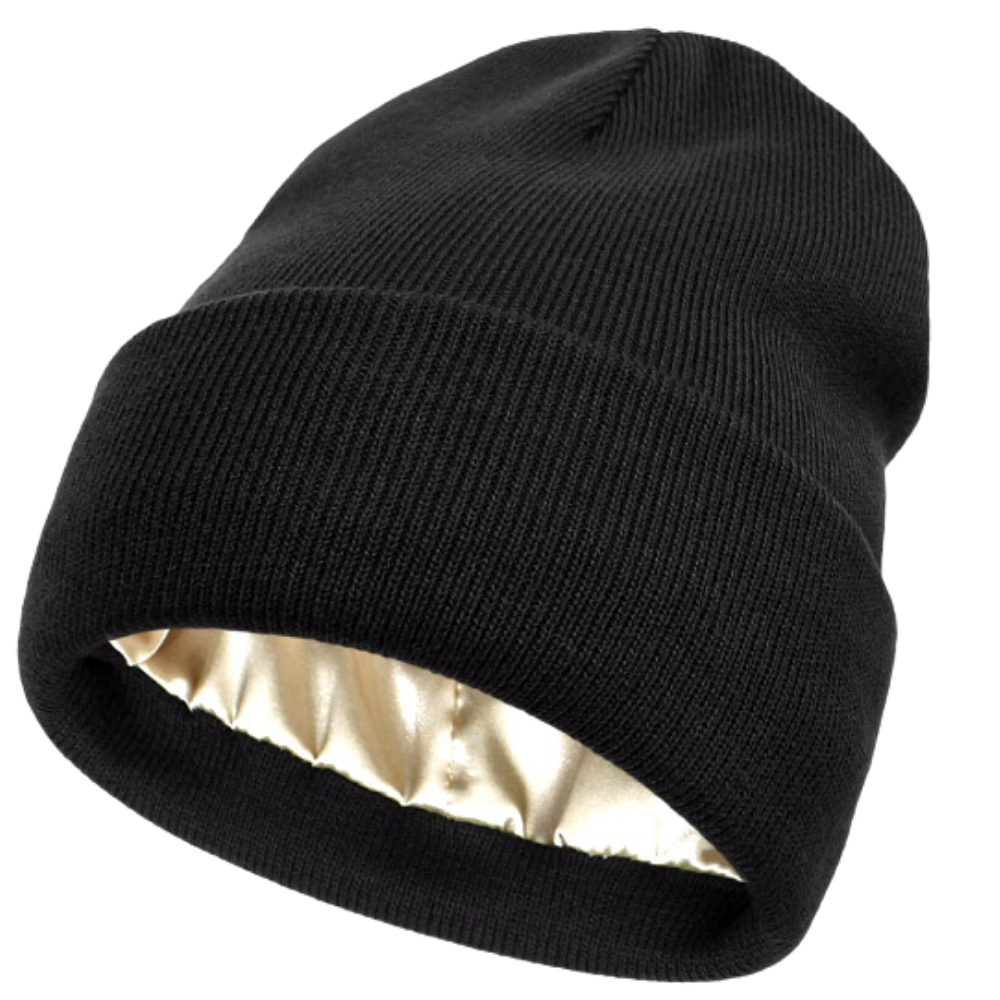 Warm Knit Satin Lined Beanie -Black - Ozerty