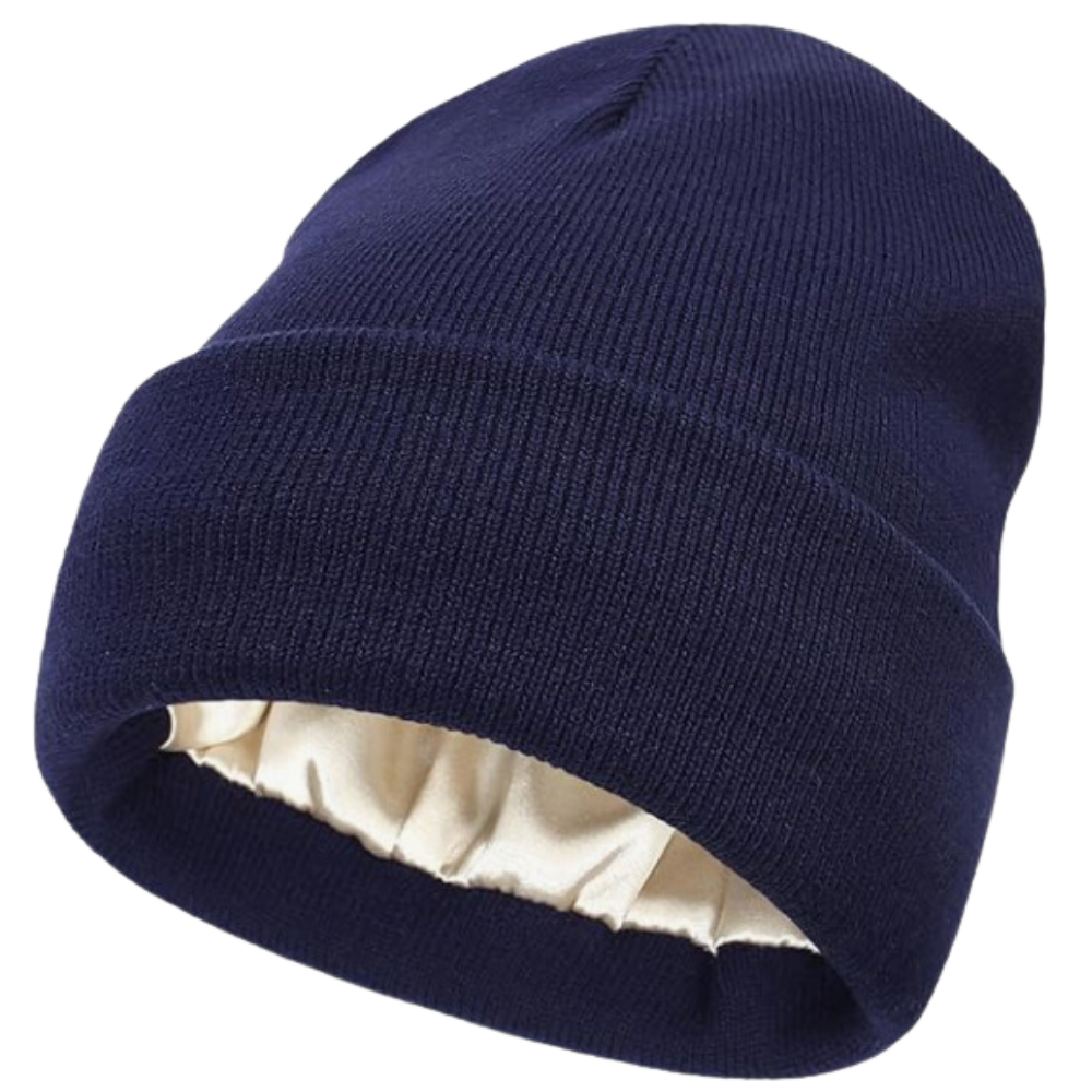 Warm Knit Satin Lined Beanie -Navy Blue - Ozerty