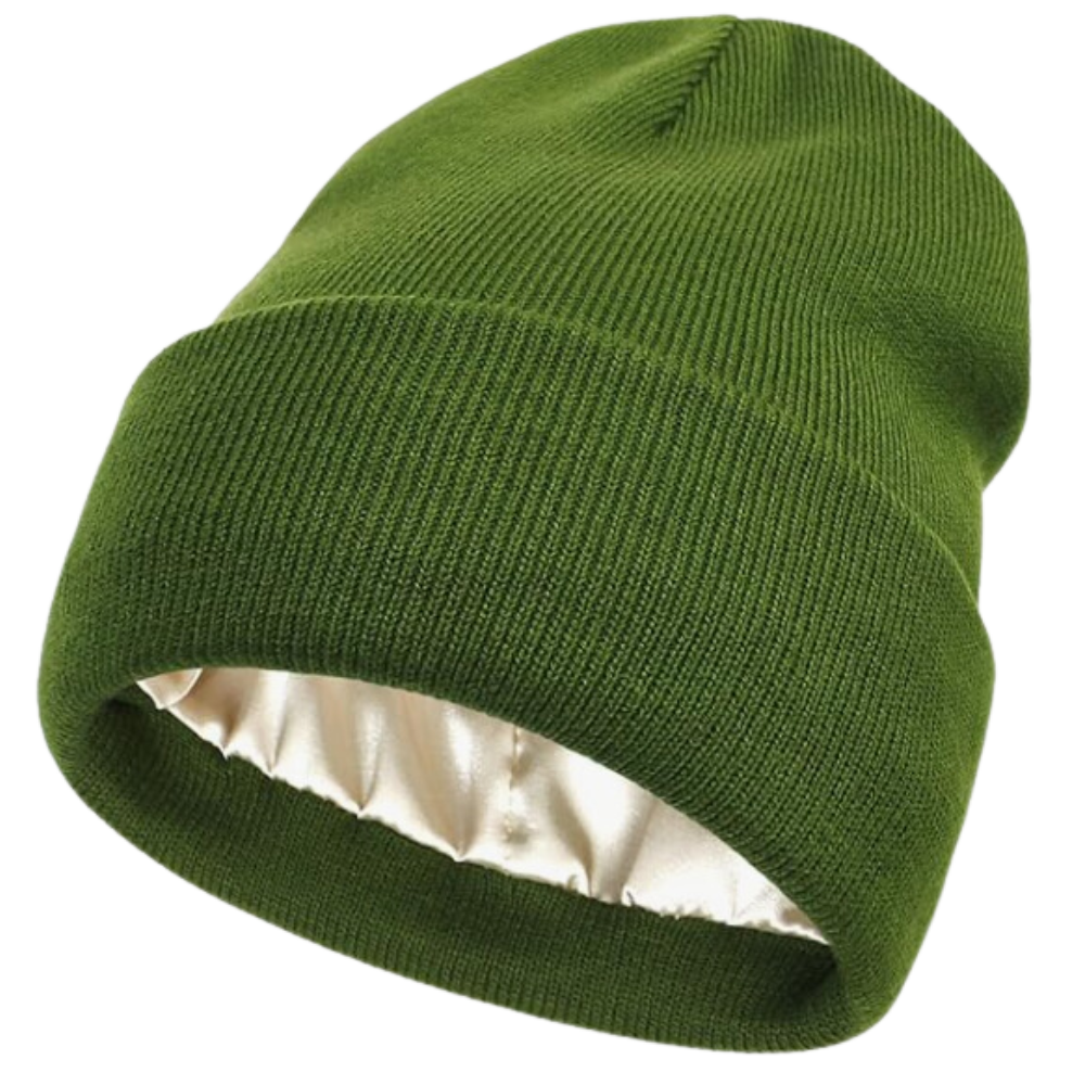 Warm Knit Satin Lined Beanie -Green - Ozerty