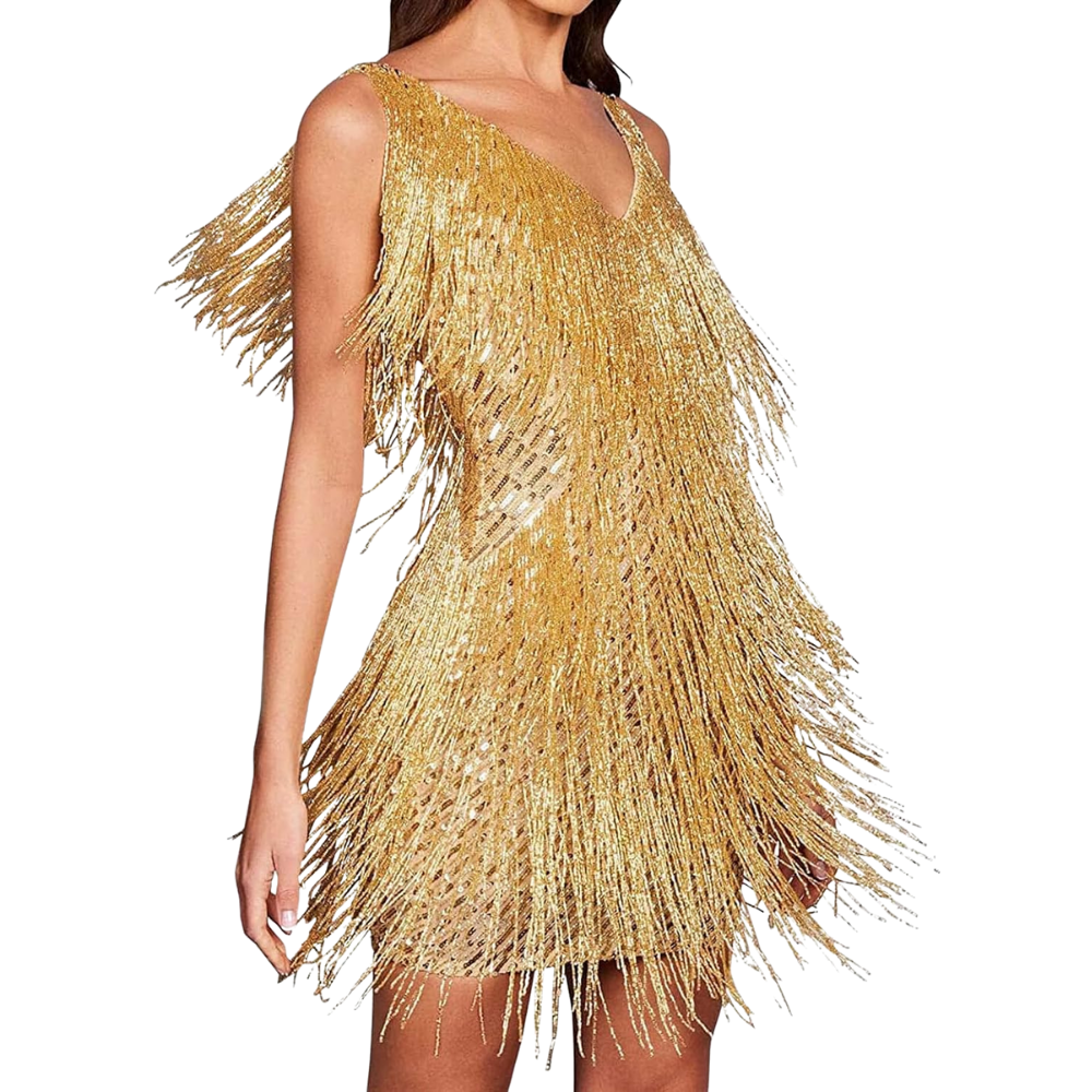 Sequin V-Neck Slip Dress  -Gold - Ozerty