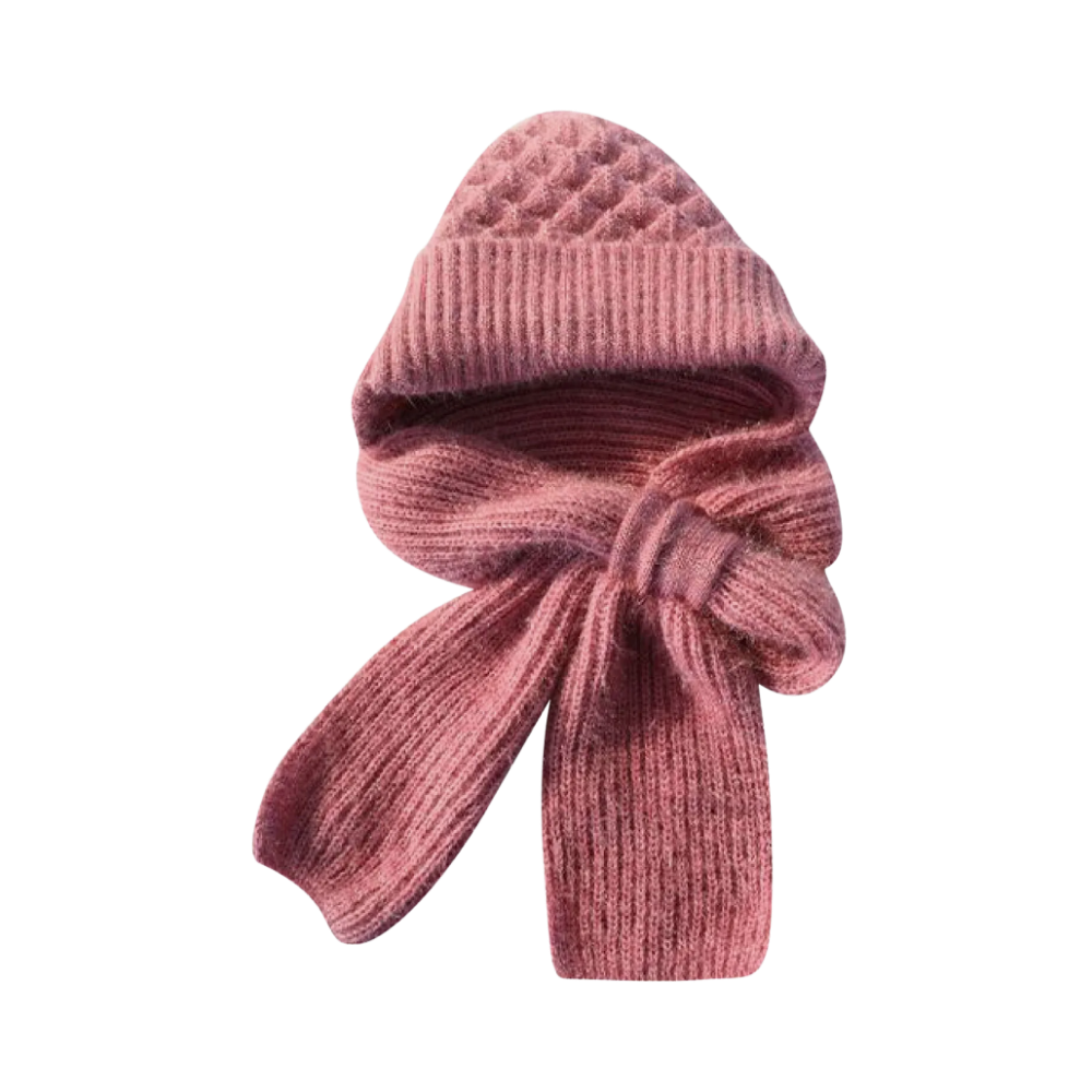 Windproof Knitted Hooded Hat with integrated Scarf and Ear Protection -Pink - Ozerty
